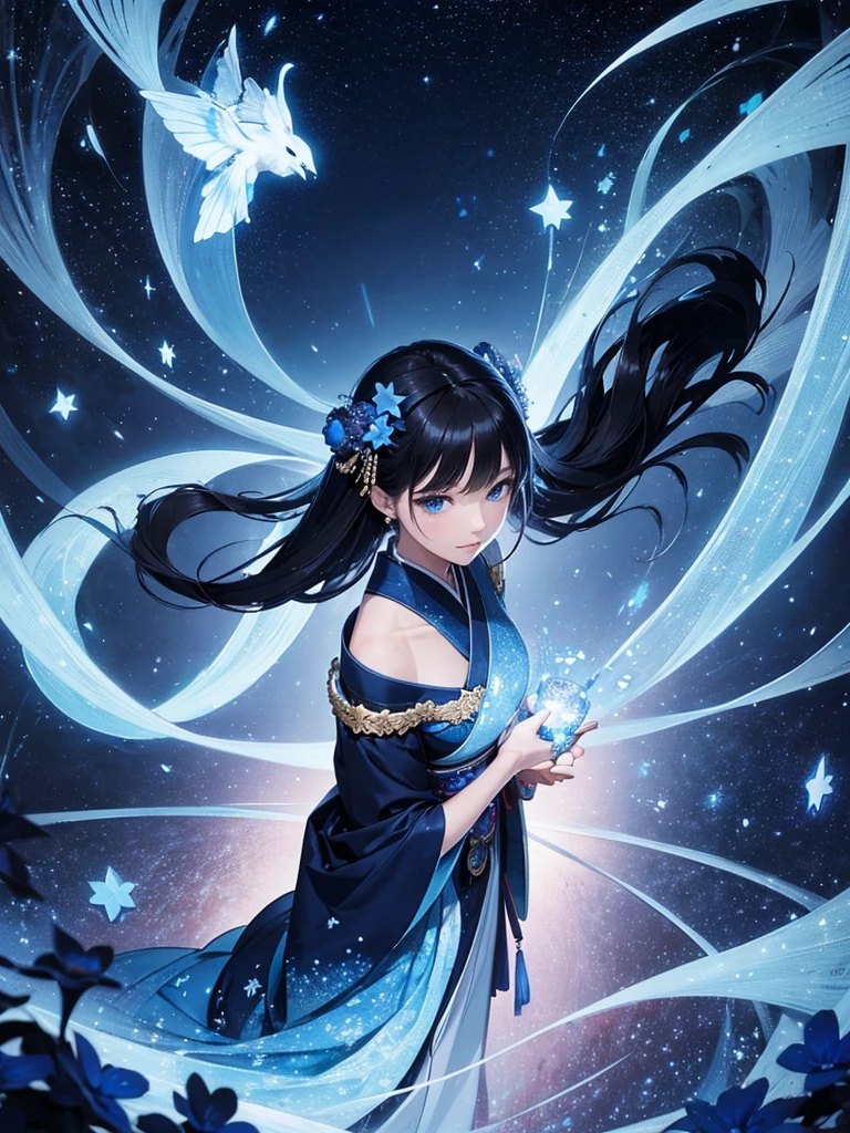 star world, a elegant furisode Lady long black hair standing backstyle on a blue smallFlowers, holding a Japanese SENSE in her hand to summon flying Bright star around her. The background is full of large and small blue flowers, creating an atmosphere of fantasy and dreamy darkblue tones. In the style of a high definition fantasy beautiful ukiyoe, with high resolution. A panoramic view from above, capturing the vastness of nature. Soft lighting creates a warm feeling.