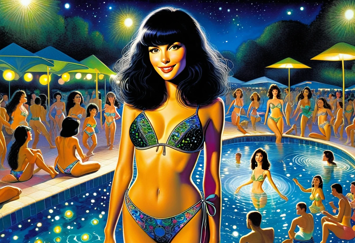 1girl, intricate details, beautiful detailed face, (minimum micro bikini:1.2), see-through, looking at viewer, (night pool party), blush, open mouth, black hair, medium hair, blunt bangs, happy, standing((Marc Chagall style)), magic naive art, primitivism, protogen, ((best quality, Masterpiece)), ((Highest detail)), RAW:1,1, 8k