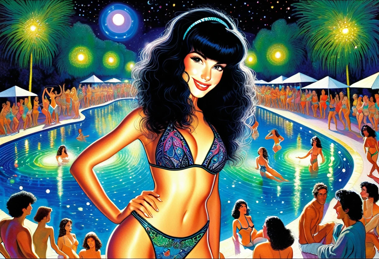 1girl, intricate details, beautiful detailed face, (minimum micro bikini:1.2), see-through, looking at viewer, (night pool party), blush, open mouth, black hair, medium hair, blunt bangs, happy, standing((Marc Chagall style)), magic naive art, primitivism, protogen, ((best quality, Masterpiece)), ((Highest detail)), RAW:1,1, 8k