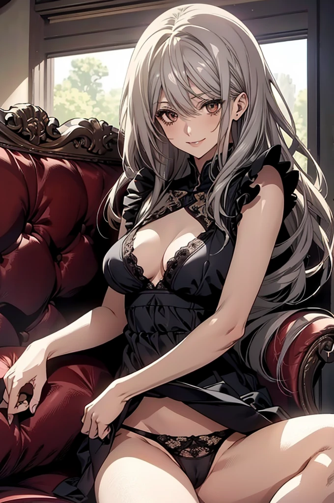 (Highest quality, High resolution, Very detailed), 1 female, Silver Hair, Long Hair, Reddish brown eyes, Black Dress, lace thong, Large Breasts, secretary, 24th generation, Beautiful woman, mature, thin, quiet, Calm, Large Breasts, A small smile, sofa,