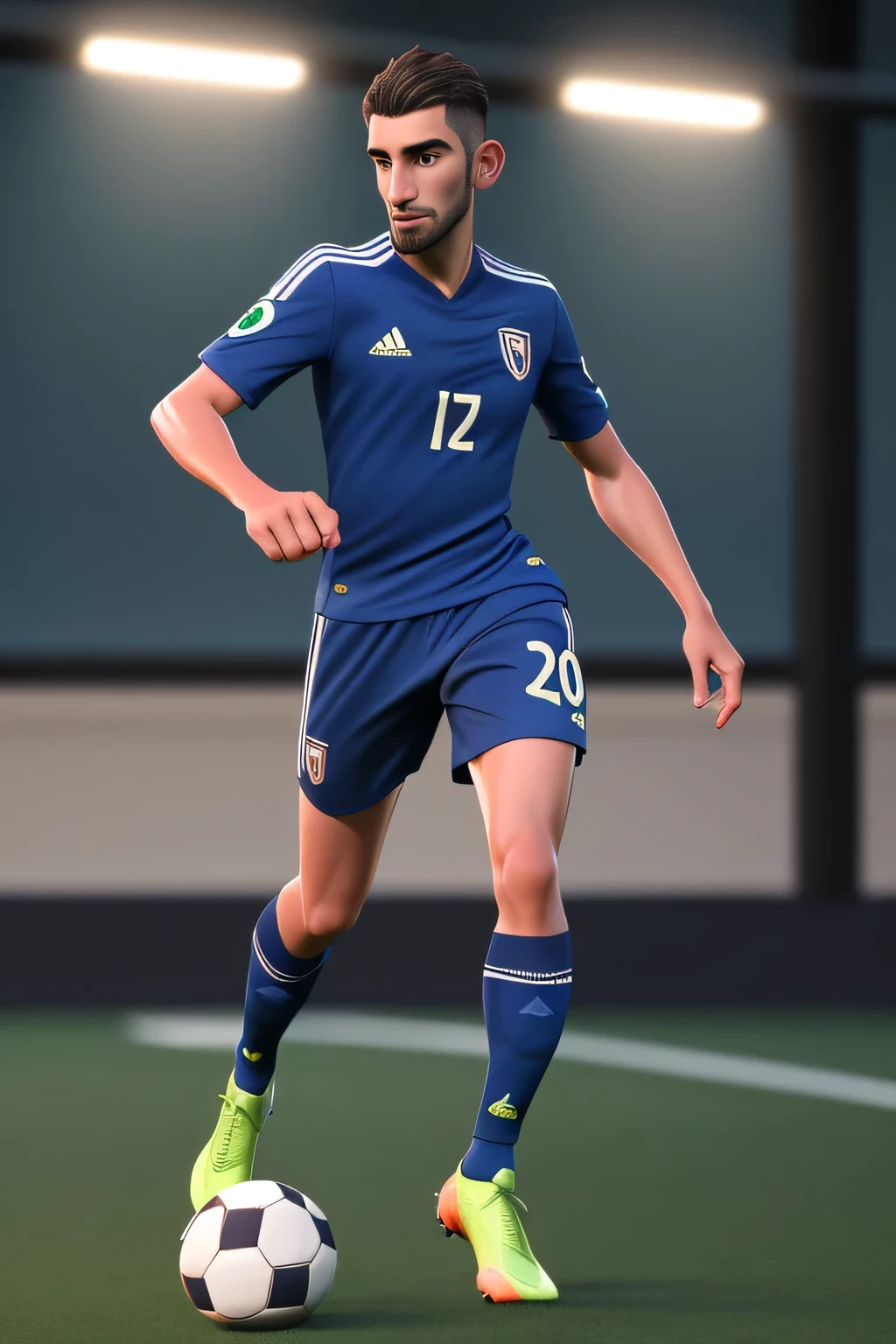 RAW photo, 8k uhd, masterpiece, (photorealistic:1.4), best quality, beautiful lighting, 3D Art, C4D, OC render, Esequiel Barco, (full body:1.5),a 40 yo man, professional soccer player, sports shorts, half socks, soccer shoes, soccer ball, kicking pose, lively, handsome,