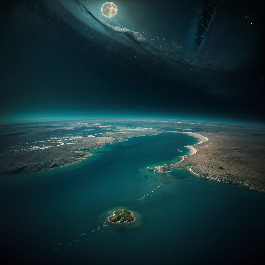 Water planet comprised completely of water except for a tiny bit of land mass. Underwater fauna and flora heavily prevalent. Vibrant colors, space, view from the orbit, whole planet visible, seen from far away like other planet or moon