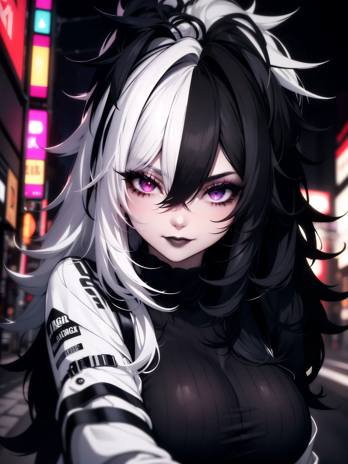 masterpiece, best quality, highly detailed,1girl, emo hairstyle, shy smile, lipstick, messy hair, big breasts, adult, split-color hair, black and white hair, eye shadow, black lipstick, street at night, neon lighting