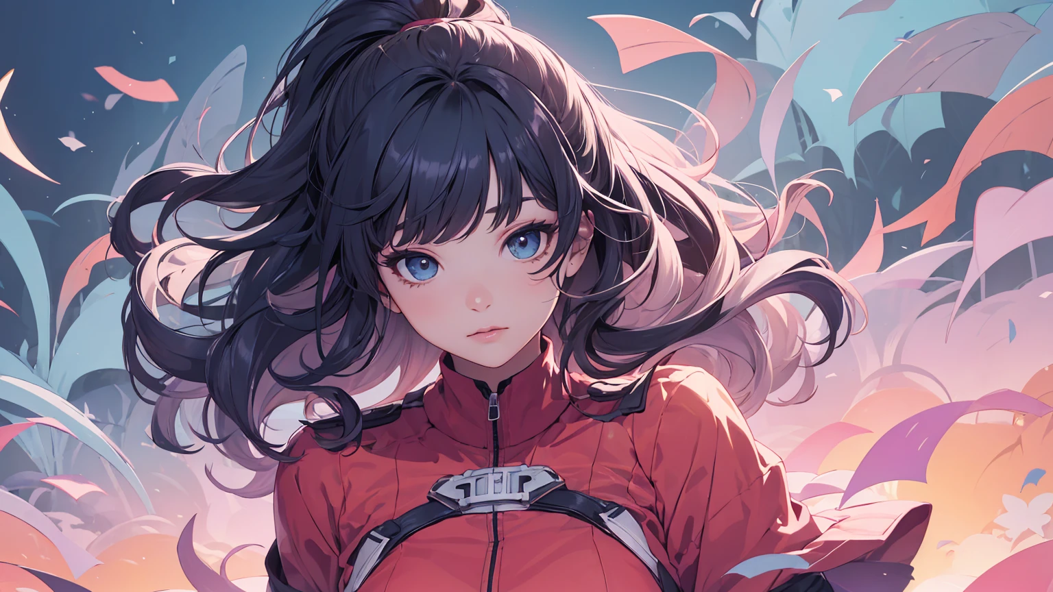 (masterpiece, best quality), beautiful woman, soft light, crop-top with floral pattern, short skirt, cleveage, wavy hair, ponytail, asymmetrical bangs, perfect face, beautiful face, alluring, big gorgeous eyes, soft smile, perfect slim fit body, outdoors, standing, abstract background, bright colors, (risograph), full body shot, fullbody, medium breasts, solo, cleveage, sexy