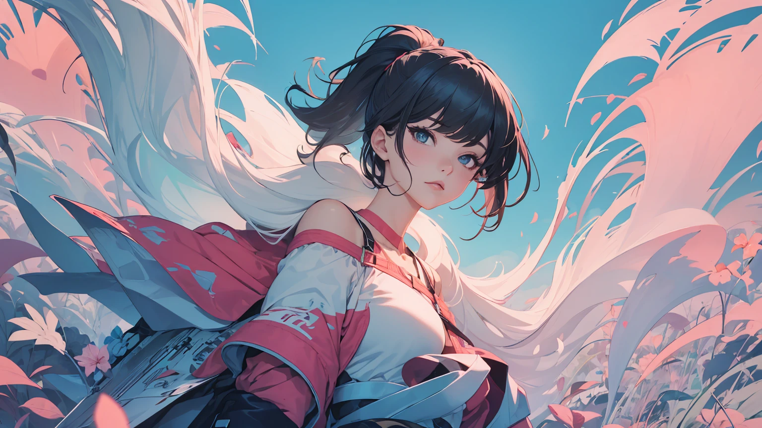 (masterpiece, best quality), beautiful woman, soft light, crop-top with floral pattern, short skirt, cleveage, wavy hair, ponytail, asymmetrical bangs, perfect face, beautiful face, alluring, big gorgeous eyes, soft smile, perfect slim fit body, outdoors, standing, abstract background, bright colors, (risograph), full body shot, fullbody, medium breasts, solo, cleveage, sexy