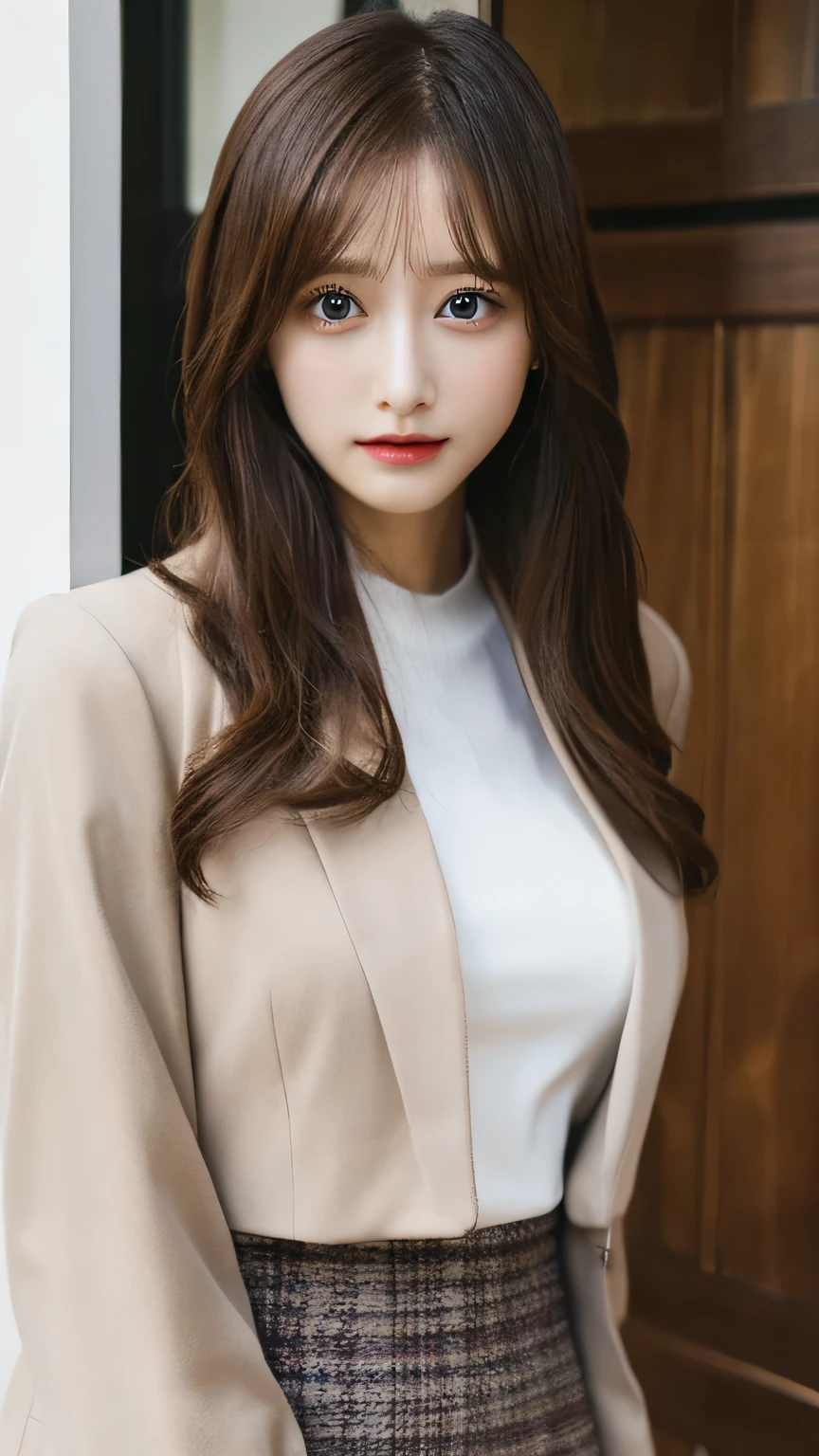 Highest quality, masterpiece, Ultra-high resolution, (Realistic:1.4), RAW Photos, One girl, Brown Bob Hair, Detailed eyes and face,, Dynamic Lighting, Modest, whole body, Japanese, OL, suit, mini skirt, Big Breasts