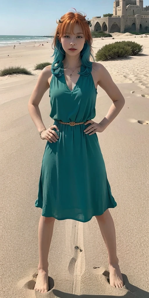 masterpiece, best quality, solo, 1girl, orange hair, blue hair, :D, orange dress, looking at viewer, outdoors, sand, sand dunes, huge castle, crown, standing, full body, cowboy shot, hands on hips,