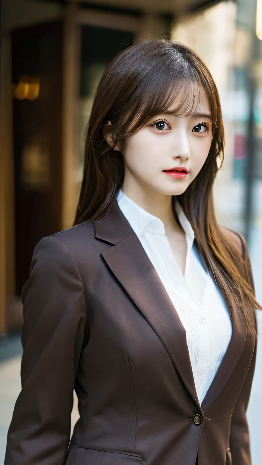 Highest quality, masterpiece, Ultra-high resolution, (Realistic:1.4), RAW Photos, One girl, Brown Bob Hair, Detailed eyes and face,, Dynamic Lighting, Modest, whole body, Japanese, OL, suit, mini skirt, Big Breasts