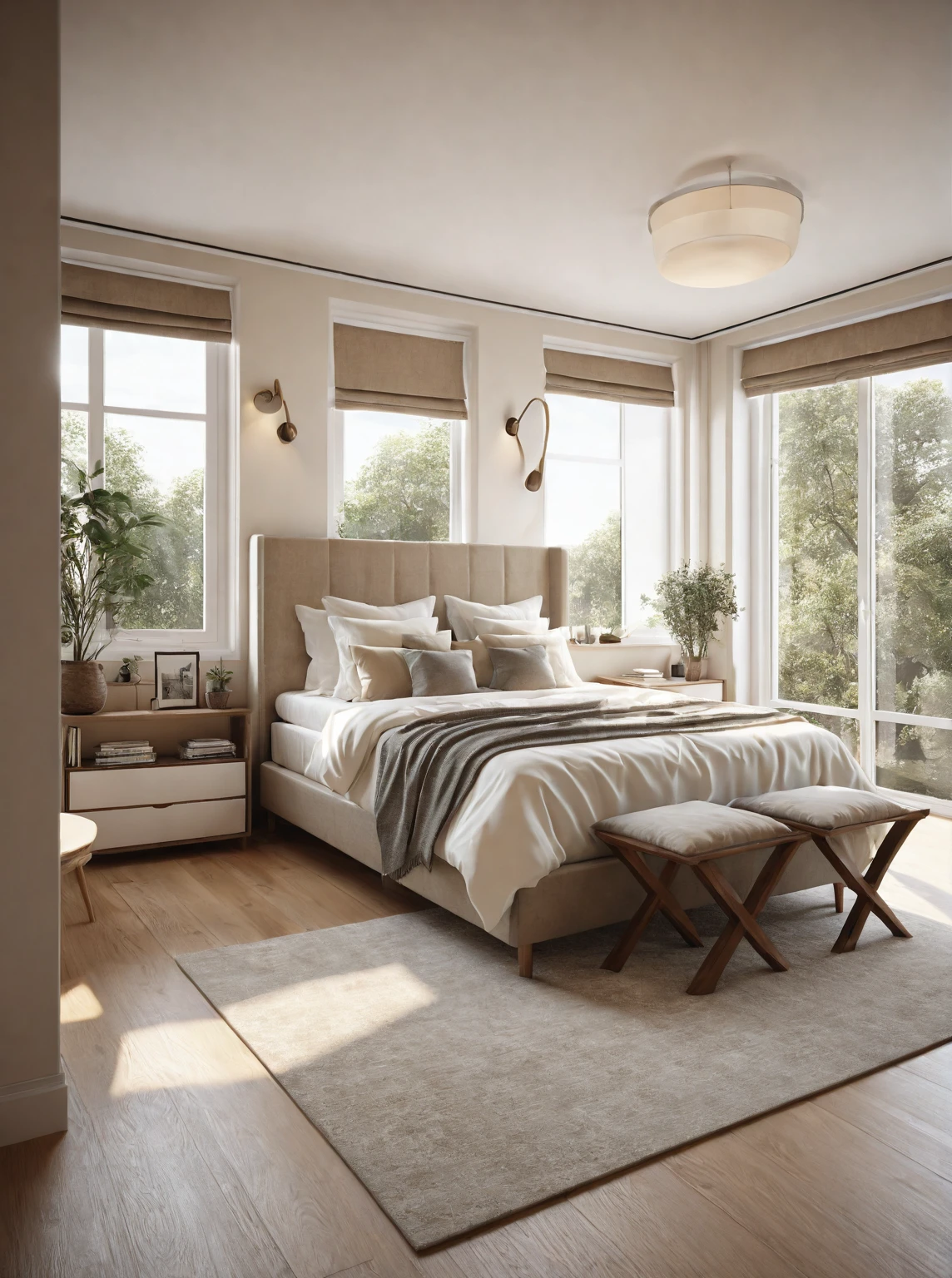 there is a large bed in a room with a large window, cream - colored room, beige color scheme, natural light in room, beige and dark atmosphere, vray 8k render, bed room, rendered in vray, rendered in corona, vray rendered, high-quality render, rendered in lumion pro, 8k vray render, corona render