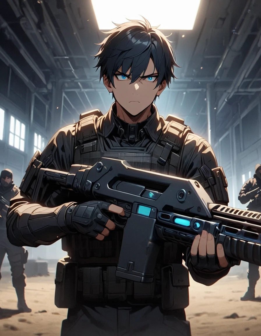 Masterpiece, best quality, 1 person, 30 year old man, Focus Man, alone, alone focus, black hair, Turquoise eyes, black bulletproof vest, Mercenaries, (holding an assault rifle), Standing position, Standing shooting position, Behind the scenes at the training field,Shooting Practice, serious, solemn face, dangerous atmosphere,short hair,black hair,blue eyes,holding an AK gun.