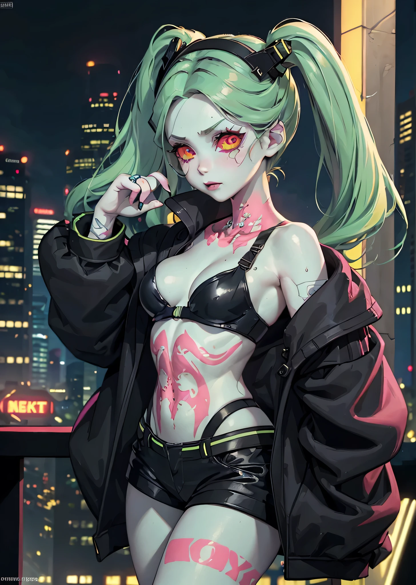 [Rebecca], [cyberpunk], ((masterpiece)), ((HD)), ((high res)), ((solo portrait)), ((waist-up)), ((front view)), ((cartoon aesthetic)), ((detailed shading)), ((intricate details)), ((cinematic lighting)), {(young woman), (light-green skin), (green hair), (pigtails), (red eyes), (short eyelashes), (toned figure), (smug expression)}, {black bra, black jacket, navel, black booty shorts, pink body paint}, {(looking at viewer)}, [ambient lighting, neon lights)]