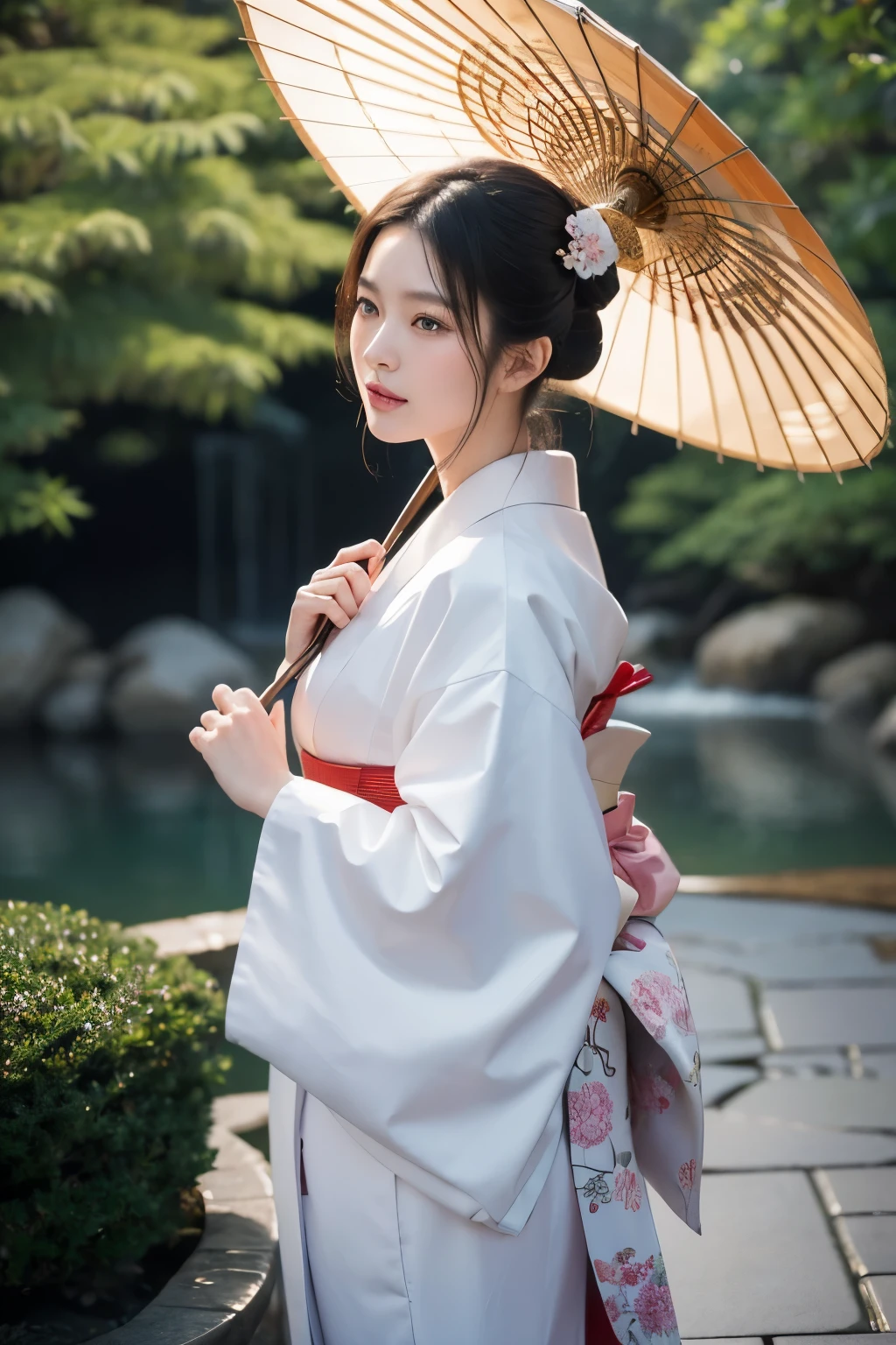 masterpiece, close up, A hyper-realistic masterpiece featuring a beautiful, elegant woman wearing traditional Japanese clothing. Hyperdetailed face, She holds a colorful umbrella and walks into a palace. The scene is inspired by ancient Japanese beauties and princesses, with a harmonious blend of traditional Japanese art. The image is of the highest quality, ultra-high definition (UHD), and captures the essence of Japan’s Emperor’s dynasty, UHD, best resolution, portrait, 28K.