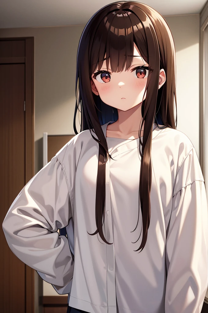 Shinonome Ena、Brown Hair、View here、Big white shirt、White oversized shirt、Inside the room、I&#39;m only wearing a shirt