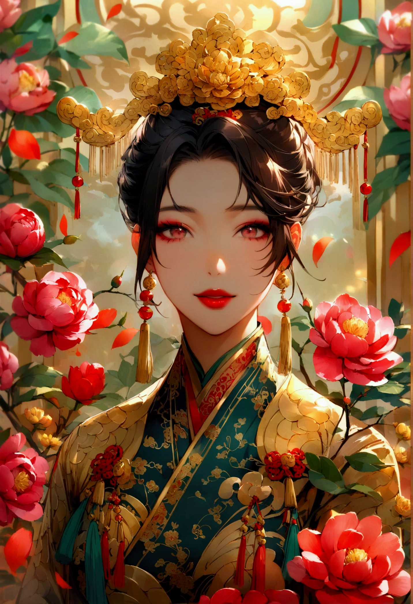 Create a captivating and elegant anthropomorphized female version of the Chinese God of Wealth (Caishen). She should be dressed in traditional Chinese attire, adorned with gold and red elements symbolizing prosperity and wealth. Surround her with blooming flowers such as peonies and lotuses, symbolizing beauty and purity. The background should feature an ornate, traditional Chinese setting with intricate patterns and auspicious symbols. The overall mood should be vibrant and auspicious, exuding a sense of wealth, luck, and celebration.