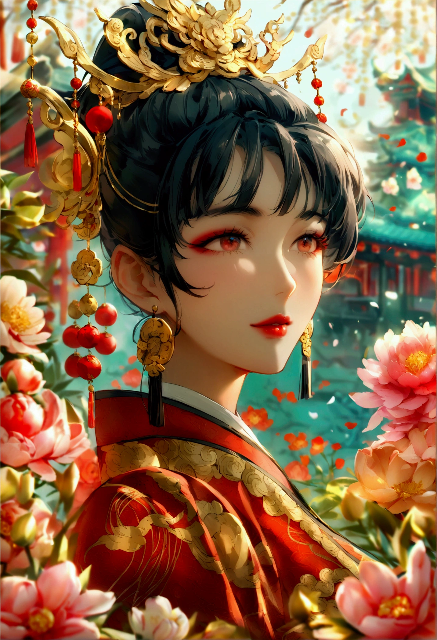 Create a captivating and elegant anthropomorphized female version of the Chinese God of Wealth (Caishen). She should be dressed in traditional Chinese attire, adorned with gold and red elements symbolizing prosperity and wealth. Surround her with blooming flowers such as peonies and lotuses, symbolizing beauty and purity. The background should feature an ornate, traditional Chinese setting with intricate patterns and auspicious symbols. The overall mood should be vibrant and auspicious, exuding a sense of wealth, luck, and celebration.