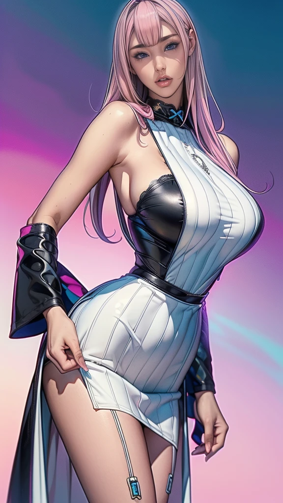 Gorgeous Girl, beautiful, baby face, , White skin, huge breasts, side pose, ((anime black cosplay costume)), pastel colors, blue eyes, Halloween background, masterpiece, pink hair, sleeveless, hands next to hips, ((Lateral Angle))