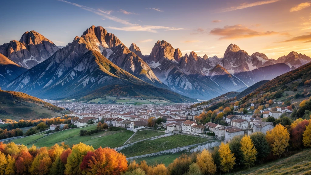 Riano cityscape at sunset with mountain range landscape during Autumn in Picos de Europa National Park, Leon, Spain
