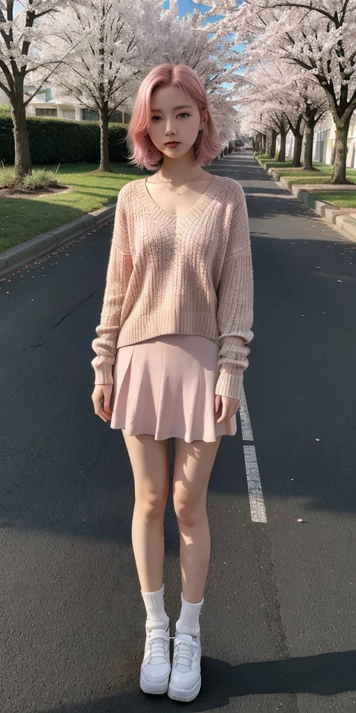 masterpiece, best quality, ultra-detailed, illustration, wide angle, 1girl stand in the middle of road, solo, road in the middle and pink cherry trees on roadside, full body, 20 yo, pink hair, sweater, short skirt, fashion,, composition, balance, harmony, rhythm, color, light, shadow, reflection, refraction, tone, contrast, foreground, middle ground, background, naturalistic, figurative, representational.