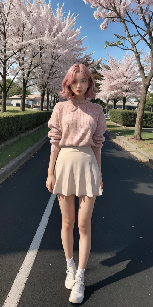 masterpiece, best quality, ultra-detailed, illustration, wide angle, 1girl stand in the middle of road, solo, road in the middle and pink cherry trees on roadside, full body, 20 yo, pink hair, sweater, short skirt, fashion,, composition, balance, harmony, rhythm, color, light, shadow, reflection, refraction, tone, contrast, foreground, middle ground, background, naturalistic, figurative, representational.