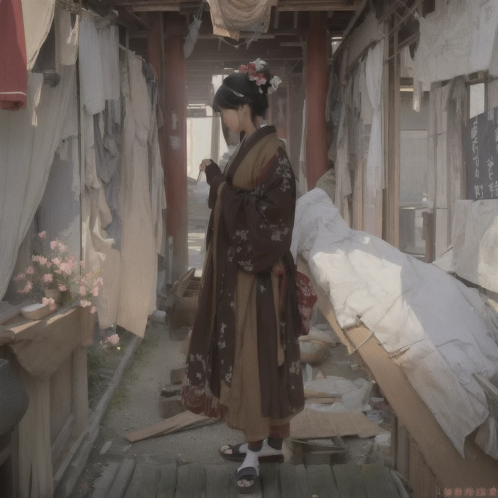 there is a woman standing in a room with a clock, Gwaiz on pixiv artstation, artwork in the style of Gwaiz, Gwaiz on artstation pixiv, Painted in an anime artist&#39;s studio, illustration concept art, Gwaiz, Beautiful artwork illustration, Digital art on pixiv, Concept Art Digital Illustration, Concept art illustration 1. Scenery and Cityscape in the Early Meiji Era
After the Meiji Restoration, Japan underwent rapid modernization and civilization. Consequently, many changes and reforms occurred. Below is a detailed explanation of the scenery, appearance of the poor, occupations, and cityscapes in the early Meiji period (1868 to the early 1880s).

2. Appearance of the Poor
Life for the impoverished and lower classes remained harsh. In particular, in urban areas, people migrated from rural areas or unemployed artisans gathered, intensifying competition in the labor market. Many of them struggled with poverty, often residing in slums or around temples.

3. Occupations
Meiji early Japan witnessed a diversification of occupations. Traditional agriculture and handicrafts were accompanied by the rise of modern industry and commerce. Particularly in urban areas, factory workers, shop clerks, and transporters increased, giving rise to new professions. However, many in these occupations endured harsh working conditions.

4. Influence of Civilization and Enlightenment
During the Meiji era, Western cultural influences spread rapidly. Changes in clothing, dietary habits, and the proliferation of Western-style architecture advanced, especially in urban areas. Conversely, this development posed a threat to traditional culture and lifestyles, resulting in societal upheaval and adaptation challenges.

5. Social Change and Policy Influence
While promoting modernization policies, the government also addressed poverty and social issues. Legislation for labor protection and charitable activities to aid the poor were implemented. Nevertheless, living conditions for the impoverished scarcely improved.

The early Meiji period marked a rapid transformation in Japan, with complex social landscapes invo
