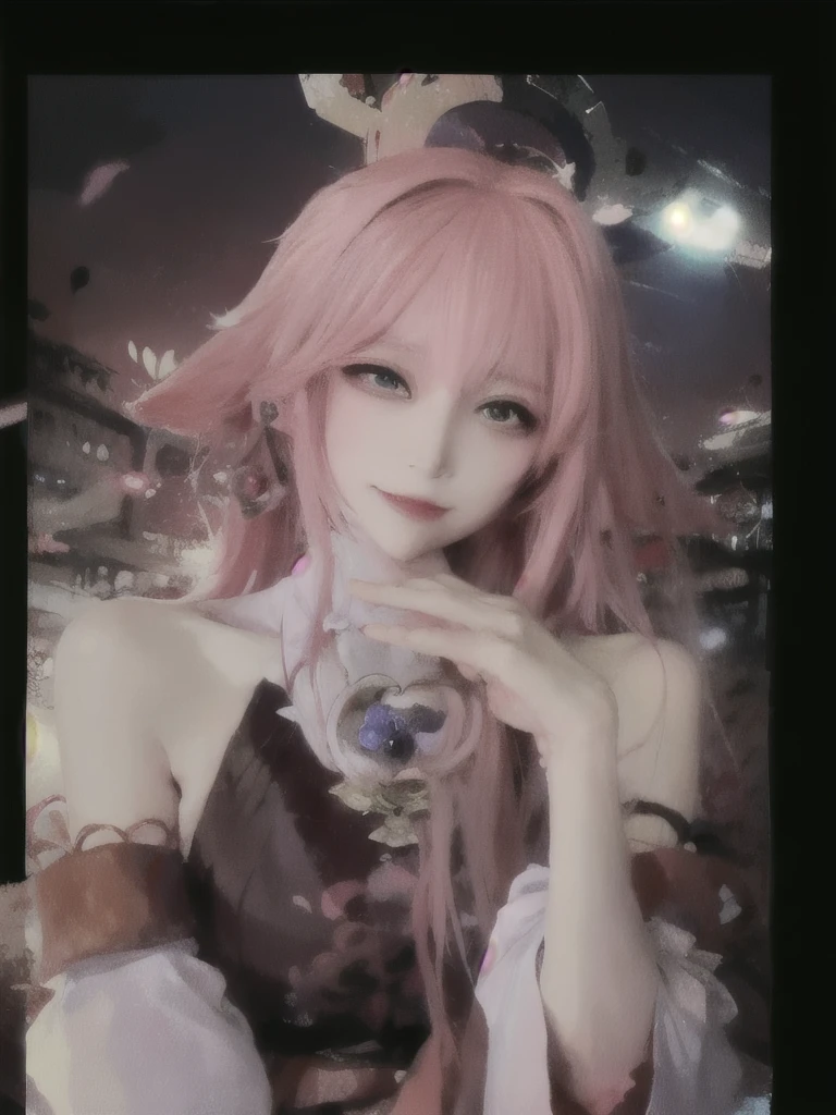 1girl, (ulzzang-6500:0.7), kpop idol, yae miko, detached sleeves, bare shoulders, pink hair, long hair, japanese clothes, best quality, (painting:1.5), (hair ornament:1.35), jewelry, purple eyes, earrings, breasts, torii, cherry blossoms, lantern light, depth of field, detailed face, face focus, ribbon_trim, (looking at viewer:1.25), nontraditional miko, shiny skin, long sleeves, smile, thick lips, game cg, hands on lips, east asian architecture, (blurry background:1.2), sitting, upper body,