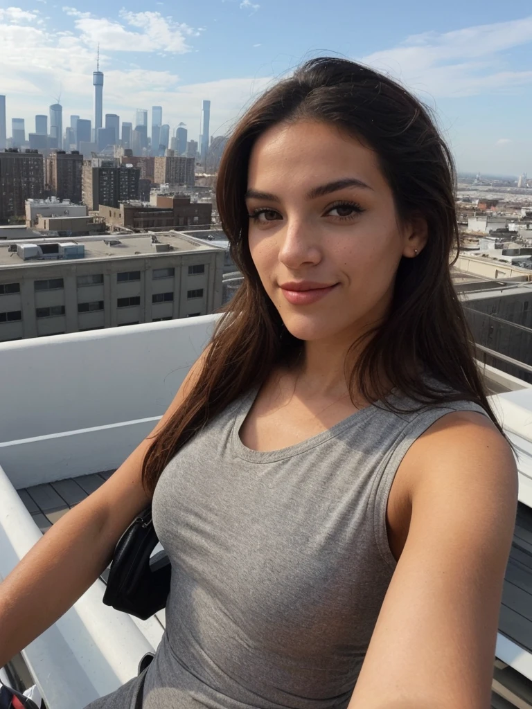 a selfie photo of a woman on a rooftop with the skyline in the background using a phone from 2010, (((infinite focus)))
