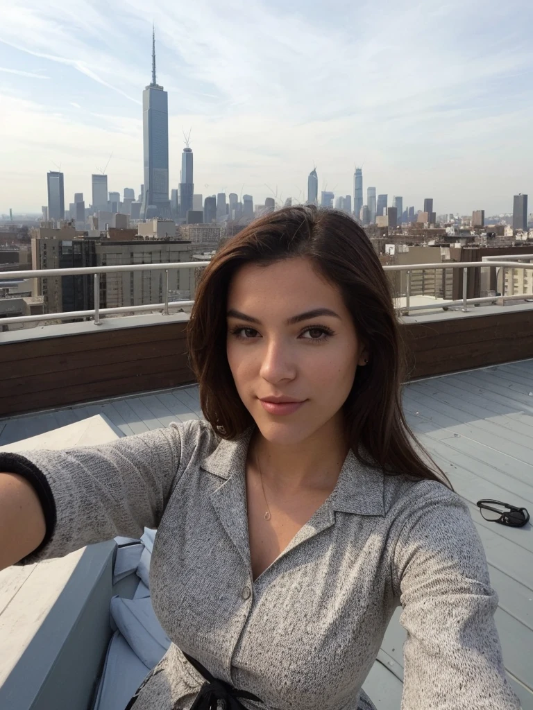 a selfie photo of a woman on a rooftop with the skyline in the background using a phone from 2010, (((infinite focus)))