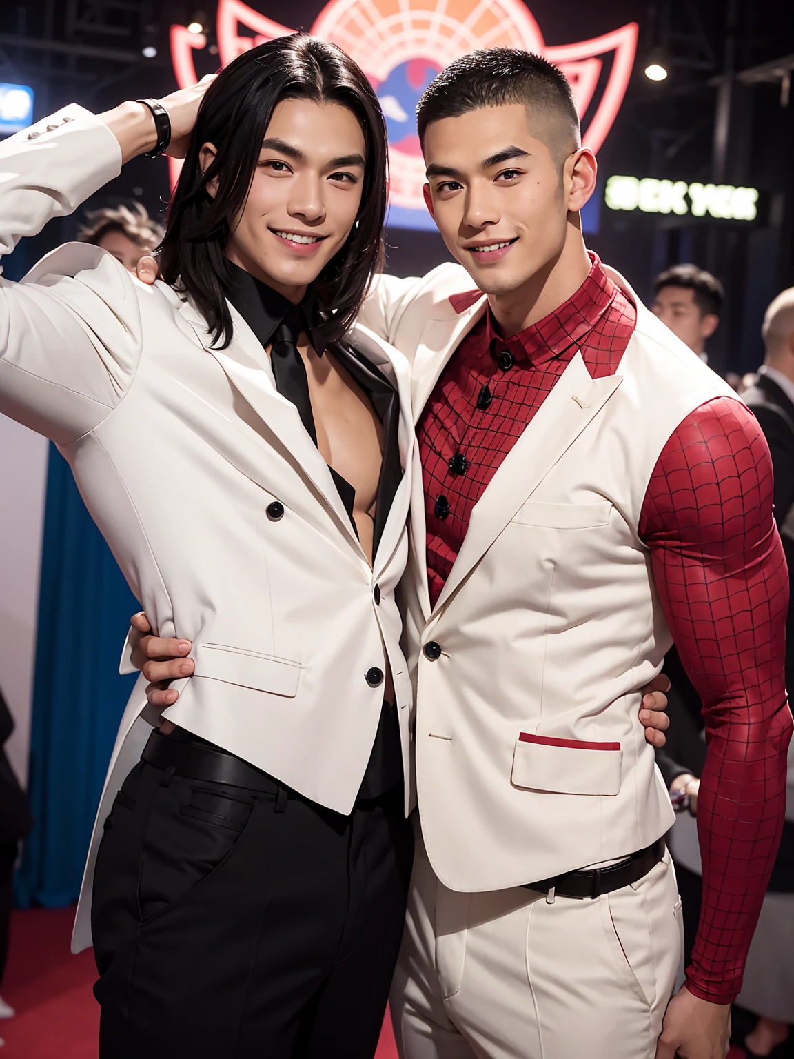 A man with black hair, pink highlights, black eyes, a handsome face, Full chest muscles, Buzz cut,Stylish short hair,a mischievous smile, eyebrow piercing, nose piercing, wearing a Spider-Man costume. Face looks like a Chinese man A little muscular sexy poses and hugged the neck of a tall man with white hair, red eyes, and a mischievous smile. Wear a white suit and have long hair. His face was handsome, tall, muscular, and smiling. He held a katana.