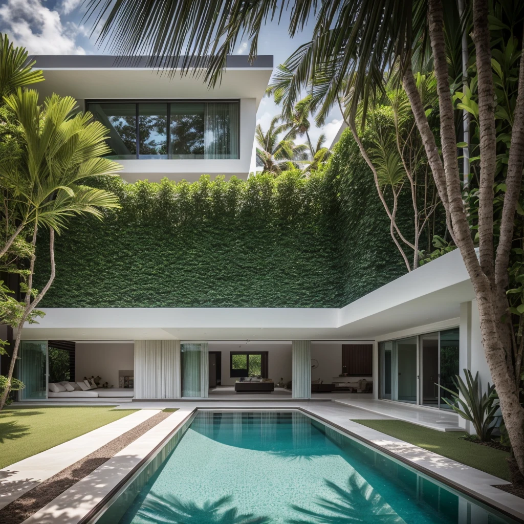 A wide angle shot shows the front view of a contemporary two-story villa with white walls and glass windows, design by Tadao ando,surrounded by lush greenery. It features an outdoor pool area overlooking the ocean at natural light. Stone pathways lead to multiple pools within the yard, adorned with vibrant tropical plants,architecture photography award, iwan baan, Taken on a Canon EOS R5 using a Canon RF 24-70mm f/2.8L IS USM lens at an F3.2 aperture setting in the style of Canon --ar 16:9 --c 5 --s 50 --v 6.0