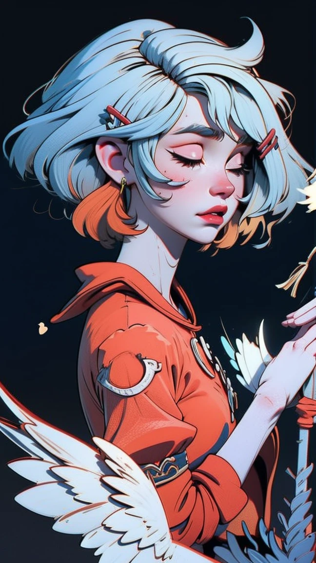 1 girl, Adult women, Solitary, g0ld3mb, Air, (platinum blonde hair) hair, Ji Qie, (kawaii hair clips:1.2) high quality, best quality, high resolution, High Detail, (Airen aura magic), hair uplifted, trumpet