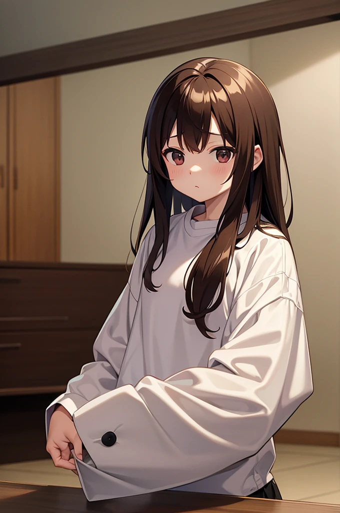 1 girl, medium construction, (((completely alone))), ((round glasses)), long brown hair, blunt bangs, Brown eyes, (((perverted smile: 1.2))), sexy look, modern, (((contemporary))), Room background, lying in bed, panties, pajamas, (((very embarrassed)))
