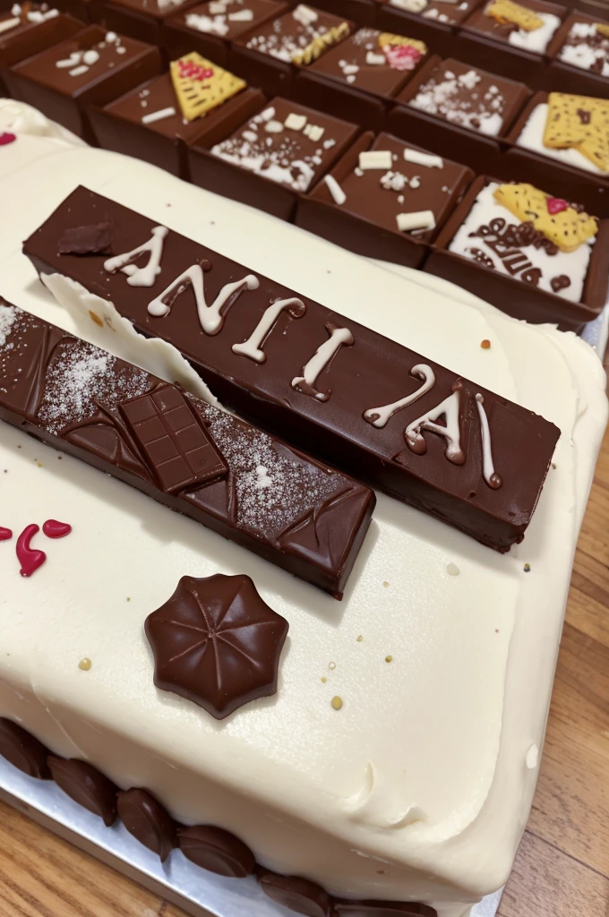 A birthday cake, a bar of chocolate with the name "Rina" on the top of the cake