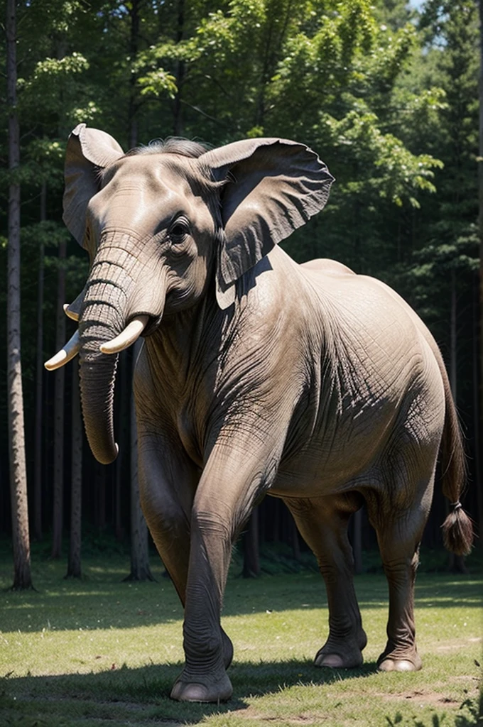 Create an ultra-realistic image of a magical creature that combines elements of an elephant and a horse, inspired by Greek mythology. This unique creature should have the majestic body and strength of an elephant, but with the elegance and grace of a horse.

The creature's body should be massive and muscular, covered in a thick, leathery skin that resembles the texture of an elephant's hide but with a sleek, glossy sheen. Its legs should be long and powerful, similar to a horse's, allowing it to move with both strength and agility. The feet should end in large, rounded hooves that combine the features of both animals.

The creature's head should blend the features of both an elephant and a horse. It should have a long, graceful neck like a horse, but with the iconic trunk of an elephant, which should be adorned with intricate, mystical patterns glowing faintly. The ears should be large and fan-like, similar to an elephant's, but with a more streamlined and elegant shape. The eyes should be large, expressive, and filled with wisdom, reflecting the creature's ancient and magical nature.

The creature should have a flowing mane like a horse, but made of shimmering, ethereal strands that ripple and glow with magical energy. The tail should also blend elements of both animals, being long and powerful like an elephant's, but ending in a tuft of flowing hair like a horse's mane.

The setting should be a mystical, enchanted forest with towering ancient trees, glowing plants, and a magical, ethereal atmosphere. The creature should be depicted in a majestic pose, perhaps rearing up on its hind legs or gracefully striding through the forest. The overall scene should evoke a sense of awe and wonder, highlighting the beauty and power of this unique, mythical creature