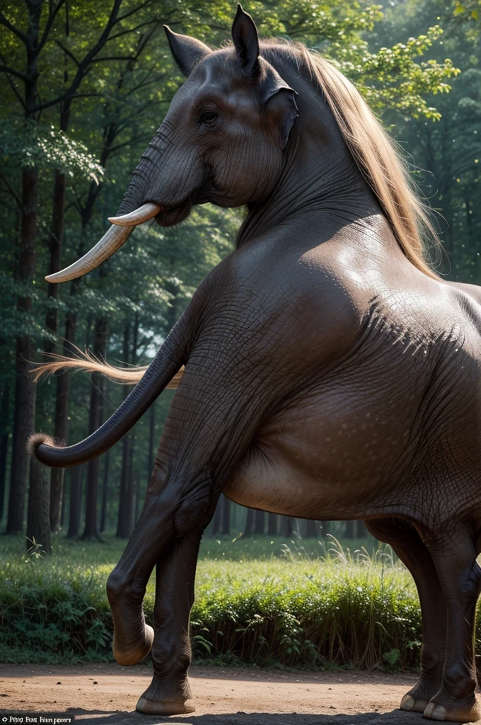Create an ultra-realistic image of a magical creature that combines elements of an elephant and a horse, inspired by Greek mythology. This unique creature should have the majestic body and strength of an elephant, but with the elegance and grace of a horse.

The creature's body should be massive and muscular, covered in a thick, leathery skin that resembles the texture of an elephant's hide but with a sleek, glossy sheen. Its legs should be long and powerful, similar to a horse's, allowing it to move with both strength and agility. The feet should end in large, rounded hooves that combine the features of both animals.

The creature's head should blend the features of both an elephant and a horse. It should have a long, graceful neck like a horse, but with the iconic trunk of an elephant, which should be adorned with intricate, mystical patterns glowing faintly. The ears should be large and fan-like, similar to an elephant's, but with a more streamlined and elegant shape. The eyes should be large, expressive, and filled with wisdom, reflecting the creature's ancient and magical nature.

The creature should have a flowing mane like a horse, but made of shimmering, ethereal strands that ripple and glow with magical energy. The tail should also blend elements of both animals, being long and powerful like an elephant's, but ending in a tuft of flowing hair like a horse's mane.

The setting should be a mystical, enchanted forest with towering ancient trees, glowing plants, and a magical, ethereal atmosphere. The creature should be depicted in a majestic pose, perhaps rearing up on its hind legs or gracefully striding through the forest. The overall scene should evoke a sense of awe and wonder, highlighting the beauty and power of this unique, mythical creature