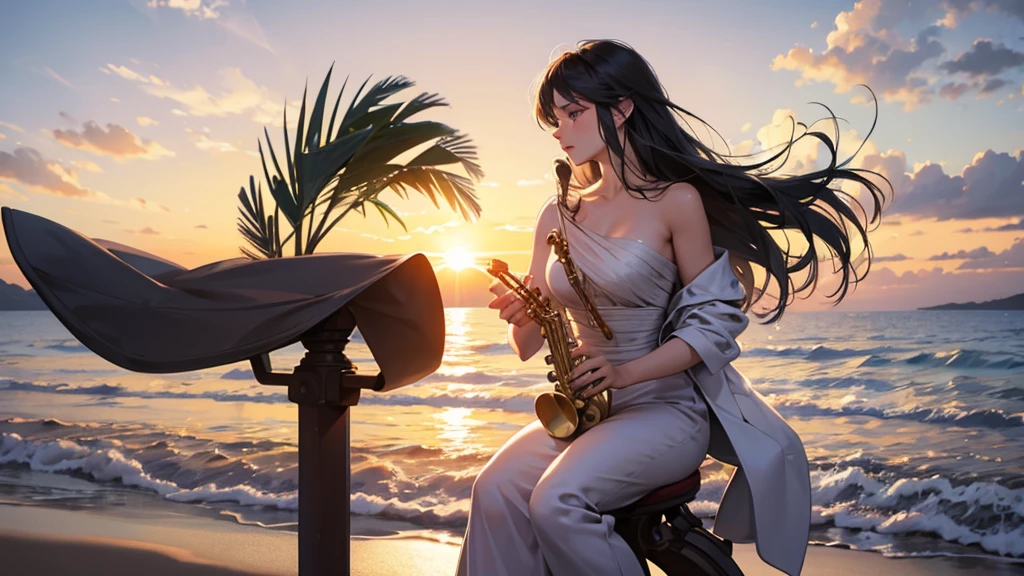 A super-realistic animation of a beautiful and elegant woman playing the saxophone on a beautiful beach at sunset.