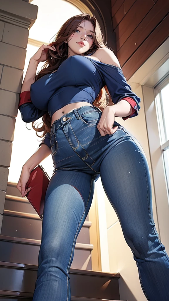 30-year-old Caucasian woman、Soft wavy long hair、Shiny hair quality、Sparkling blue eyes、heavy breasts, A feminine and soft body、Shiny red off-the-shoulder mini top、High rise navy jeans with detailed weave、Wearing high heels、A low-angle shot from behind of a man climbing the cobblestone stairs of a city、Photographed with a slight fisheye lens effect、Shooting focused on the upper body、(From below:1.3)、((Developed buttocks and firm thighs and calves in jeans))、Smiling while looking down at the photographer、((Full body photography))、Photographed from 20m away