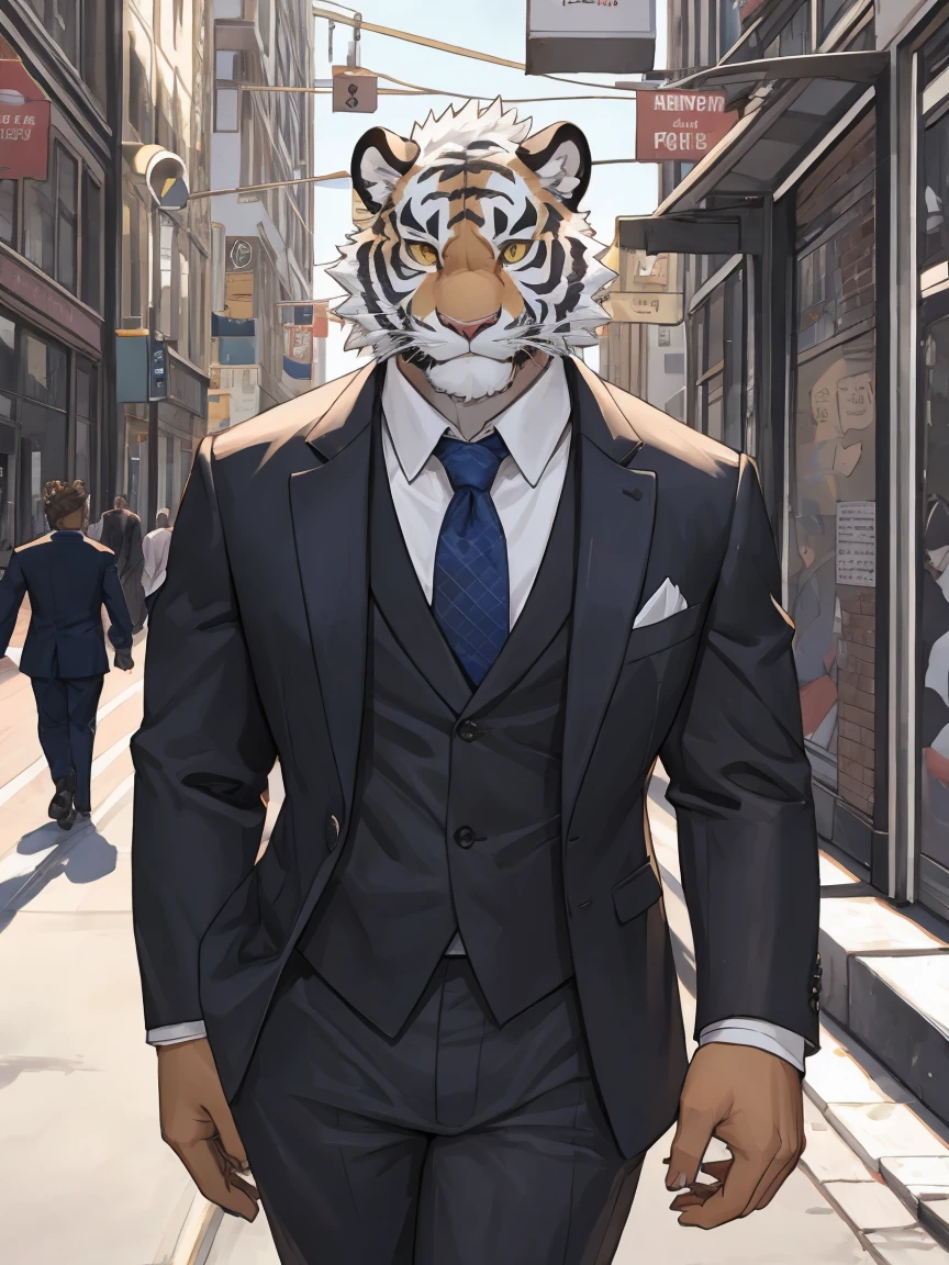 White Tiger,Gold Texture,Scar on left eye,The left pupil is black,Right eye pupil,Suit,Walking on the street