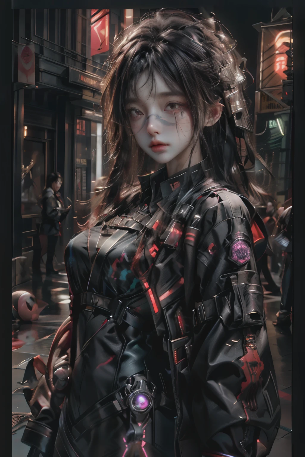 ((best quality)), ((Masterpiece)), (details:1.4), 3d, Image of a beautiful cyberpunk woman., HDR (high dynamic range), long hair, Red hair, future police, PBR surface, After processing,Anisotropic filtration,depth of field, Maximum clarity and clarity, multi-layered surface, perfect proportions, 8K raw files, รอยแผลเป็นบนใบหน้าชัด, หน้าอกใหญ่, Yoru, Brown and well-detailed eyes