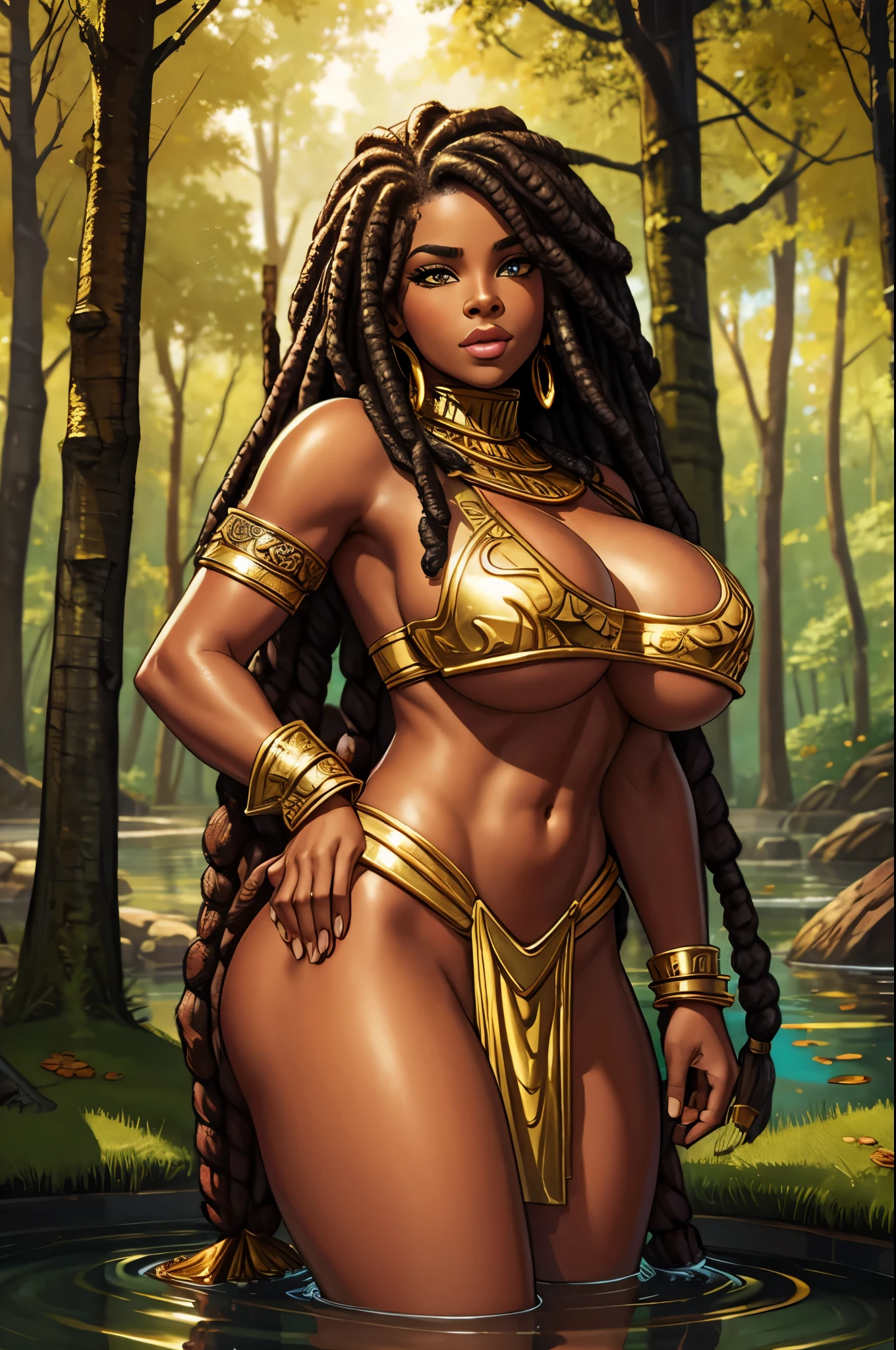 Black woman, dreadlocks, underboob, barbarian, golden armour, gold-leaf, forest pond