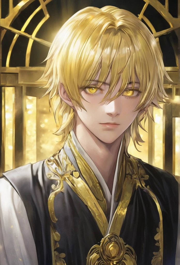19 years old, male, human, commoner, light yellow hair, shining gold eyes, inside the room