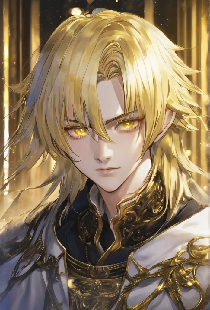 19 years old, male, human, commoner, light yellow hair, shining gold eyes, inside the room