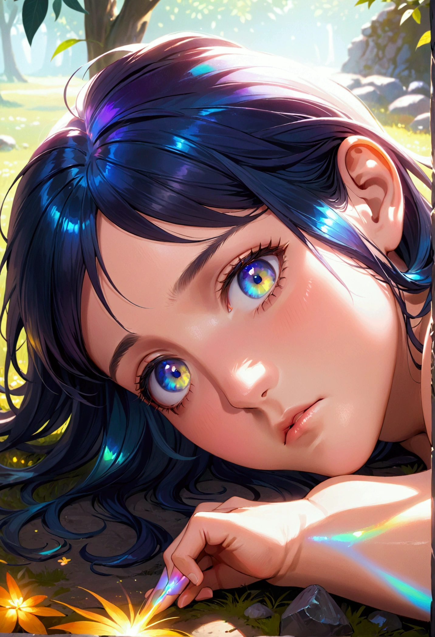(masterpiece), best quality, expressive eyes, perfect face, Girl,long dark iridescent hair, iridescent eyes, small waist, medium chest, large thighs,nude,laying down on ground