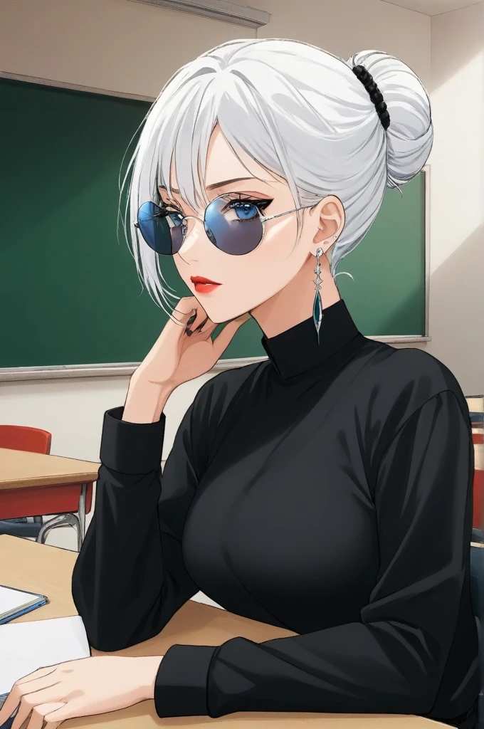 Woman, female, solo, alone, jujutsu kaisen, white hair, hair bun, white eyebrows, white eyelashes, light blue eyes, detailed eyes, wearing round sunglasses, wearing black shirt, black clothing, classroom, high quality, 4k resolution, anime,red lipstick,silver jhumka earrings,big earrings,long earrings