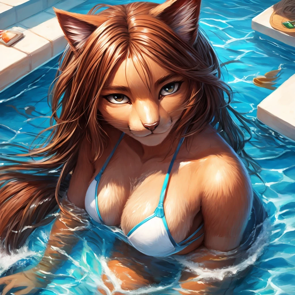 A cartoon image of a woman in a bikini and cat ears, a digital painting by Ric Nagualero, art station, furry art, pov furry art, Realistic Bikini, beautiful anime cat girl, beautiful cat girl swimming, furry art!!!, very beautiful cute catgirl, Extremely detailed artistic germ, very very beautiful furry art, furry fantasy art, sexy cat girl, hairy body