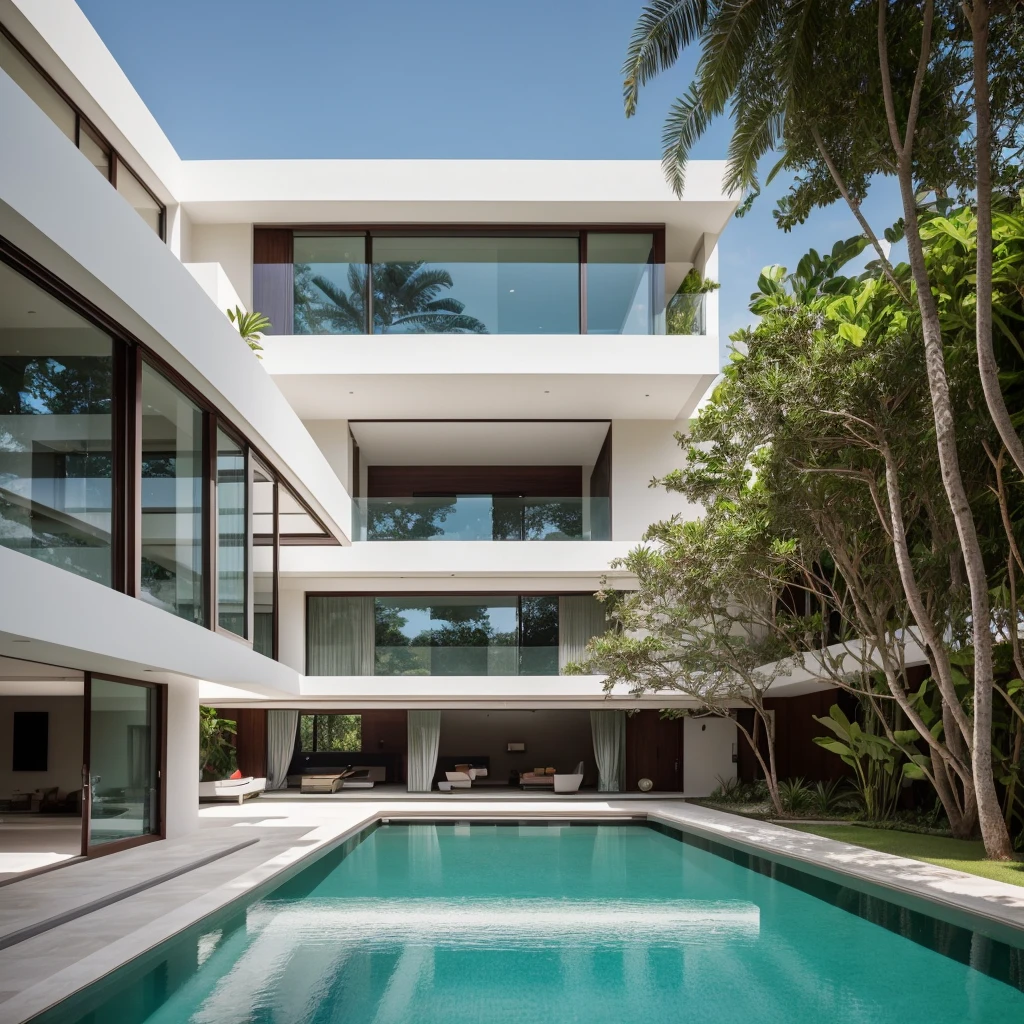 A wide angle shot shows the front view of a contemporary two-story villa with white walls and glass windows, design by Tadao ando,surrounded by lush greenery. It features an outdoor pool area overlooking the ocean at natural light. Stone pathways lead to multiple pools within the yard, adorned with vibrant tropical plants,architecture photography award, iwan baan, Taken on a Canon EOS R5 using a Canon RF 24-70mm f/2.8L IS USM lens at an F3.2 aperture setting in the style of Canon --ar 16:9 --c 5 --s 50 --v 6.0