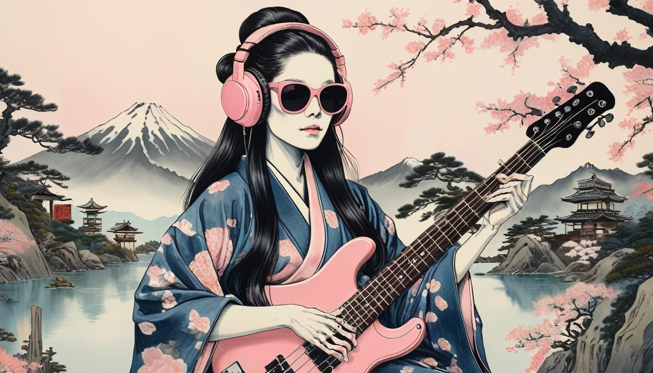 A female skeleton with long hair wearing a gorgeous kimono, Light pink lens sunglasses, Katsushika Hokusai, Ink Painting, Japanese style headphones, Playing a Japanese-style bass guitar, Modern ukiyo-e style