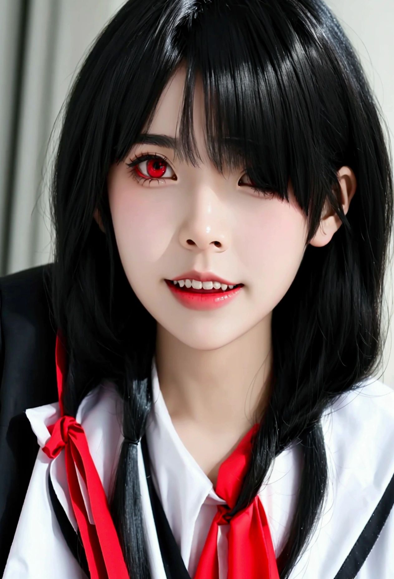 ultra-detailed,highly detailed,best quality,masterpiece,illustration, 
nime-style illustration of a girl with black hair and bangs, wearing a  with a red tie. She has two different colored eyes, one red and one yellow, with tears streaming down her face, and her mouth is open, showing sharp teeth. A yellow ribbon is visible in her hair on her left side. The expression on her face and the glowing eyes suggest intense emotion or a supernatural aspect.