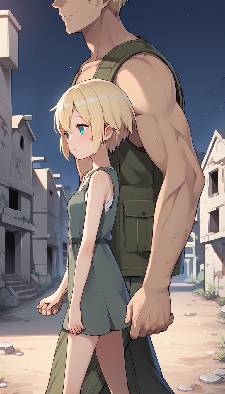 score_9, score_8_up, score_7_up, source_anime BREAK 
1girl, 14yo, _young, from side, small breasts, (girl dirty grey casual dress:1.3), (holding hand in another's hand, blonde short hair, grey eyes, girl sad face), (town ruins:1.3), outdoors, walking, ((size difference:1.5)), (male calm face out of frame, (male cargo vest, pants)), ((night scene background:1.3))