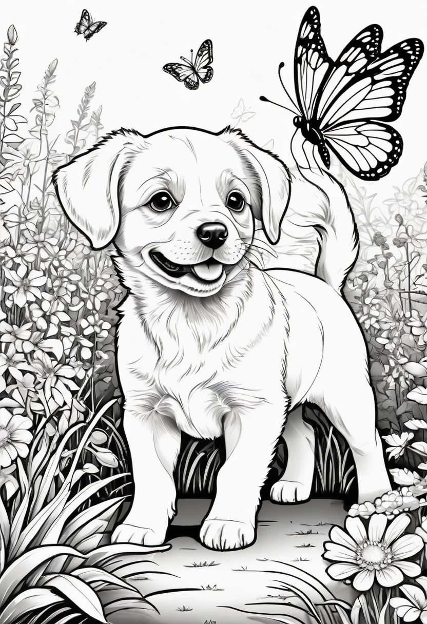 A delightful black and white line art coloring page of a playful puppy chasing a butterfly in a garden. The puppy, with floppy ears and a wagging tail, is depicted with thick lines and minimal details, making it perfect for kids to color. The butterfly, with open wings, flies gracefully above the puppy. The garden has a few simple flowers and blades of grass, creating a cheerful atmosphere. The clear, bold outlines and vibrant colors stand out against the white background, making the illustration fun and engaging, illustration