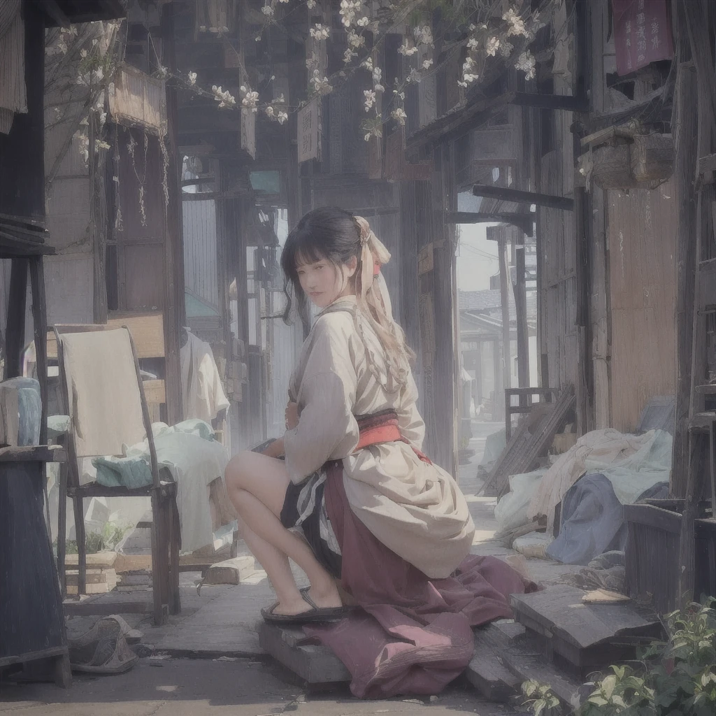 Anime style painting of a woman sitting on a bed in a room, Gwaiz on pixiv artstation, Digital art on pixiv, Gwaiz on artstation pixiv, artstation pixivでトレンド, Beautiful anime art, Beautiful anime girl crouching, Gwaiz, artwork in the style of Gwaiz, by Xiawei1. Scenery and Cityscape in the Early Meiji Era
After the Meiji Restoration, Japan underwent rapid modernization and civilization. Consequently, many changes and reforms occurred. Below is a detailed explanation of the scenery, appearance of the poor, occupations, and cityscapes in the early Meiji period (1868 to the early 1880s).

2. Appearance of the Poor
Life for the impoverished and lower classes remained harsh. In particular, in urban areas, people migrated from rural areas or unemployed artisans gathered, intensifying competition in the labor market. Many of them struggled with poverty, often residing in slums or around temples.

3. Occupations
Meiji early Japan witnessed a diversification of occupations. Traditional agriculture and handicrafts were accompanied by the rise of modern industry and commerce. Particularly in urban areas, factory workers, shop clerks, and transporters increased, giving rise to new professions. However, many in these occupations endured harsh working conditions.

4. Influence of Civilization and Enlightenment
During the Meiji era, Western cultural influences spread rapidly. Changes in clothing, dietary habits, and the proliferation of Western-style architecture advanced, especially in urban areas. Conversely, this development posed a threat to traditional culture and lifestyles, resulting in societal upheaval and adaptation challenges.

5. Social Change and Policy Influence
While promoting modernization policies, the government also addressed poverty and social issues. Legislation for labor protection and charitable activities to aid the poor were implemented. Nevertheless, living conditions for the impoverished scarcely improved.

The early Meiji period marked a rapid transformation in Japan, with complex social landscapes involving challenges fa